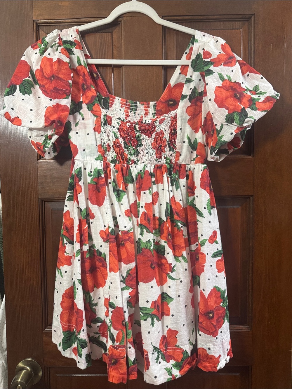 Pilcro White Dress with Red Floral Print and Green Leaves